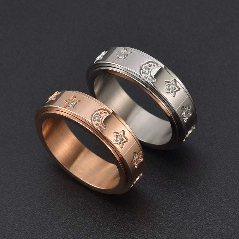Women's Stainless Steel Rotatable Ring with -Accented Star & Moon Design - Korean Style Luxury Hip-Hop Jewelry, Interlocking Band for Casual Attire, Durable Tarnish-Resistant Metal Ring for Women, Unusual Rings for Women