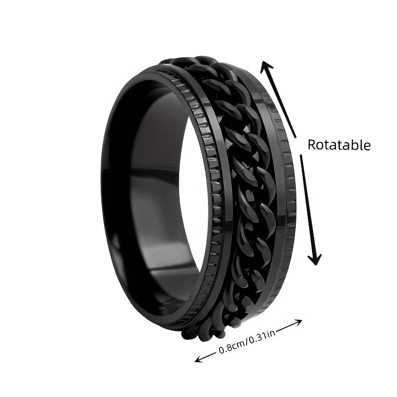 8mm Fashionable Chain Link Rotatable Ring with Beveled Edge and Embossed Stainless Steel, Hip Hop Ring for Men and Women, Eternal Promise Wedding Engagement Ring, Anniversary Christmas Gift Ring