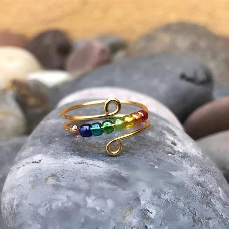 Elegant Boho Stainless Steel Anxiety Rings for Women - Anti-Stress Fidget Spinner Rings with Rainbow Beads, Rotates Freely, Adjustable Stacking Jewelry for Daily & Gift Occasions, Perfect for Christmas, Bohemian Style, Best for Christmas