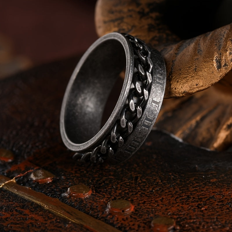 Retro style old Silvery titanium 304L Stainless Steel ring rotatable chain ring new Roman numeral ring