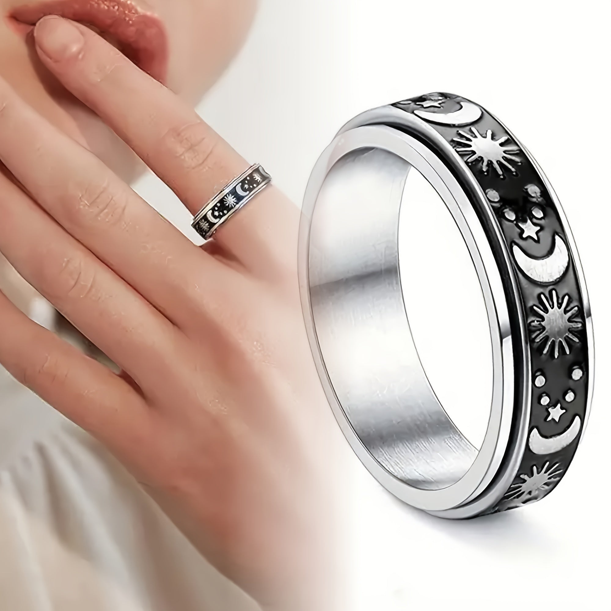 [Vintage Ring] 1pc Stainless Steel Vintage Simple Rotatable Ring with Moon and Stars Design | Unisex Fashion Jewelry for Daily and Gift Occasions, Christmas Holiday Accessory, All Season Wear
