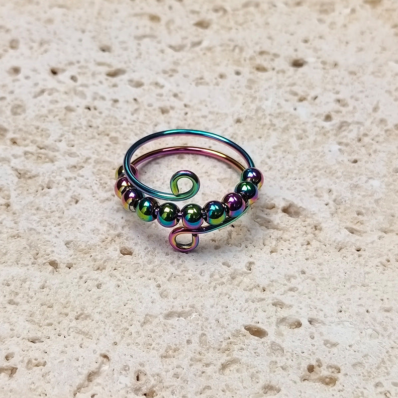 Elegant Boho Stainless Steel Anxiety Rings for Women - Anti-Stress Fidget Spinner Rings with Rainbow Beads, Rotates Freely, Adjustable Stacking Jewelry for Daily & Gift Occasions, Perfect for Christmas, Bohemian Style, Best for Christmas