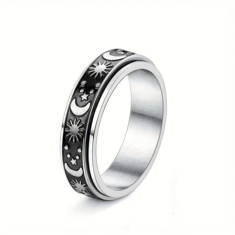 [Vintage Ring] 1pc Stainless Steel Vintage Simple Rotatable Ring with Moon and Stars Design | Unisex Fashion Jewelry for Daily and Gift Occasions, Christmas Holiday Accessory, All Season Wear