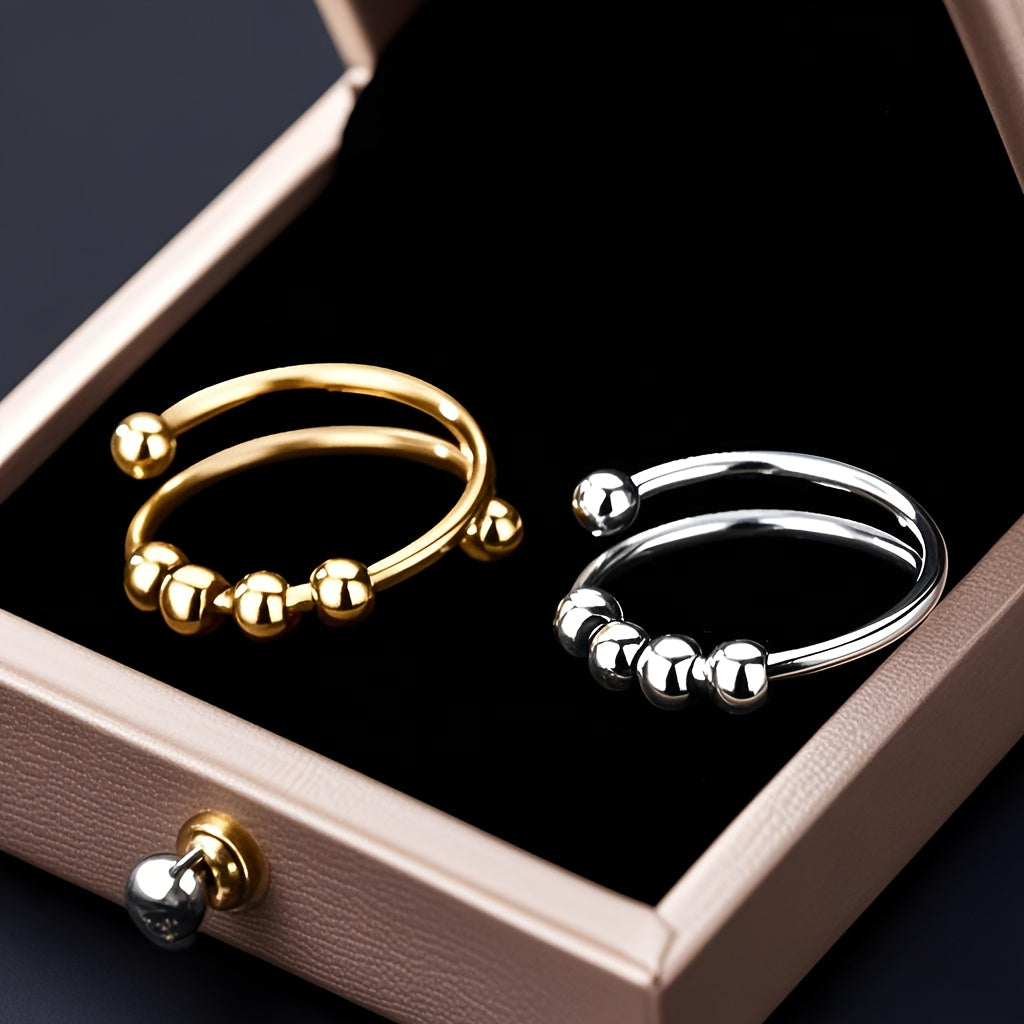 1PC Stainless Steel Double Layer Rotatable Bead Ring Female Anxiety Decompression Ring Ring