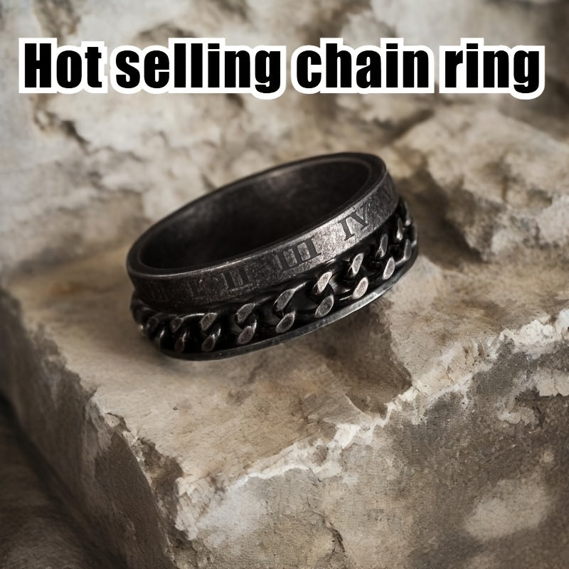 Retro style old Silvery titanium 304L Stainless Steel ring rotatable chain ring new Roman numeral ring