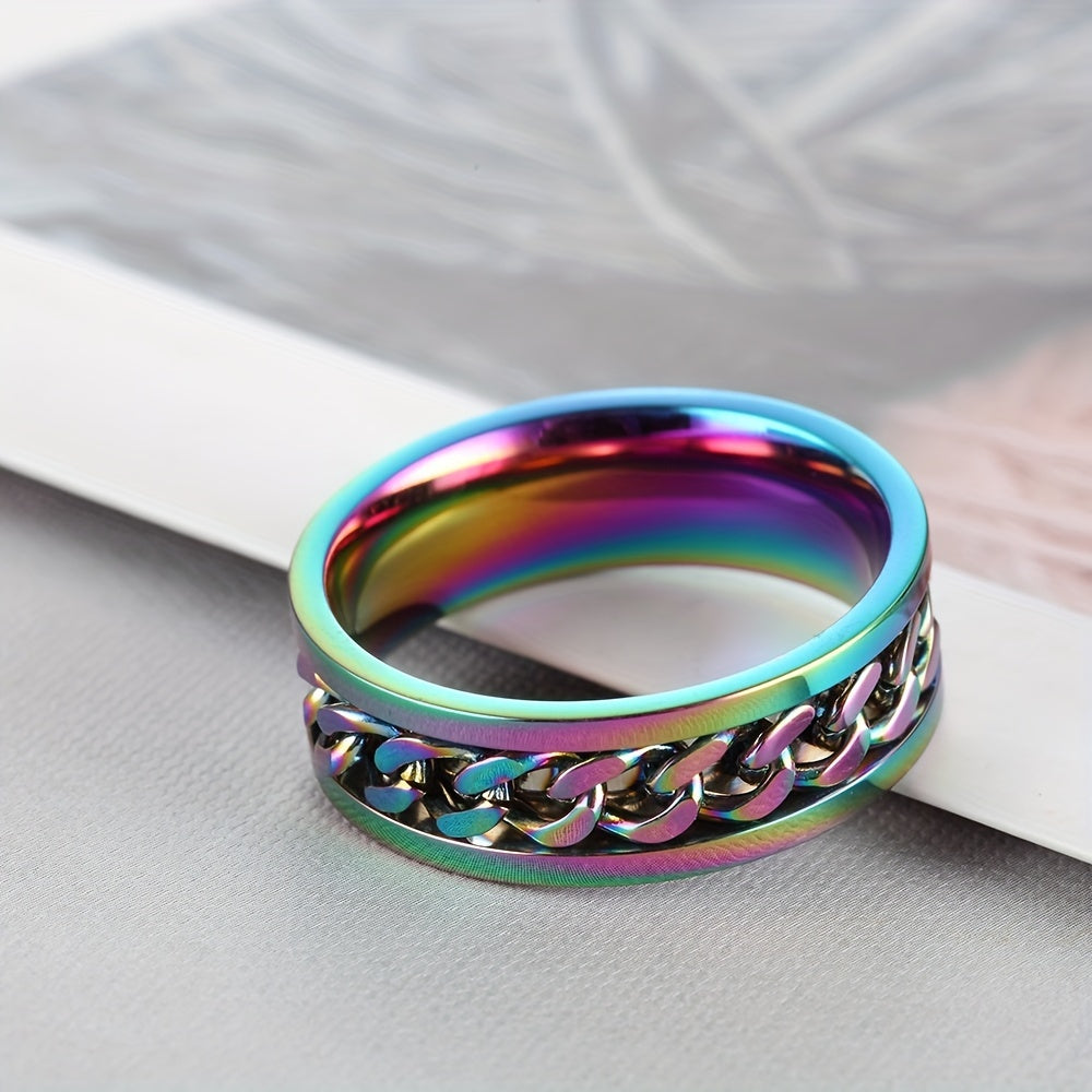 [Vintage Titanium Ring] Titanium Steel Rotatable Vintage Style Ring for Men | Fashion Chain Design, Stainless Steel Single Band Jewelry Accessory