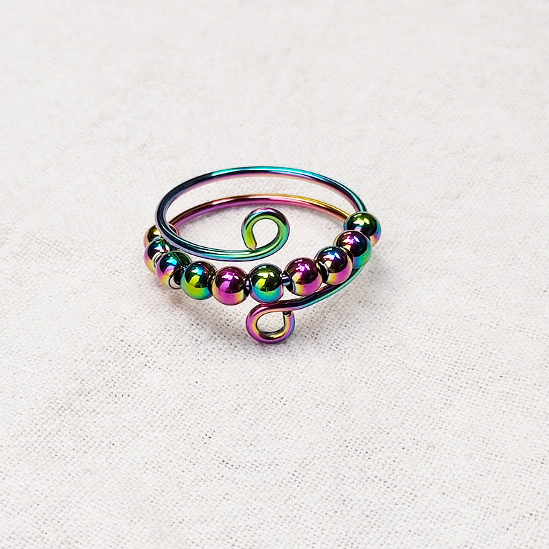 Elegant Boho Stainless Steel Anxiety Rings for Women - Anti-Stress Fidget Spinner Rings with Rainbow Beads, Rotates Freely, Adjustable Stacking Jewelry for Daily & Gift Occasions, Perfect for Christmas, Bohemian Style, Best for Christmas