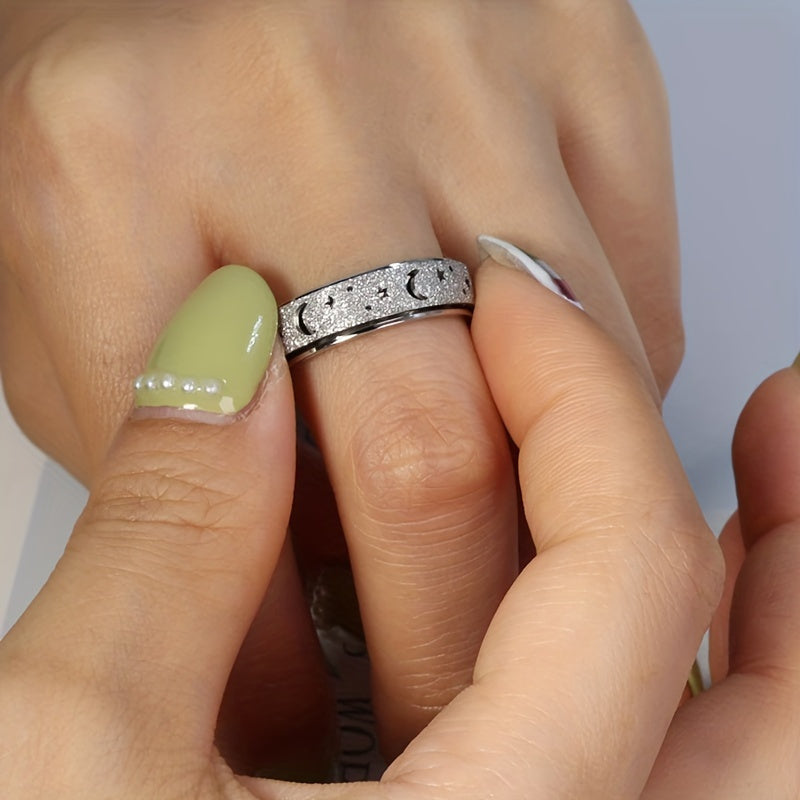 1pc Fashionable Stainless Steel Frosted Ring with Small Hollow Moon and Star Design, Men'S Unique Rotating Decompression Ring, Suitable for Daily Wear, Perfect Gift for Eid al-Fitr and Ramada