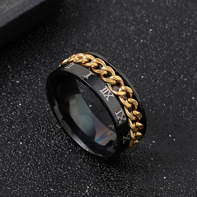 1pc Personality Style 201 Stainless Steel Rotating Chain Ring with Roman Numeral Engraving, Single Ring for Men, Fashionable Gift Jewelry