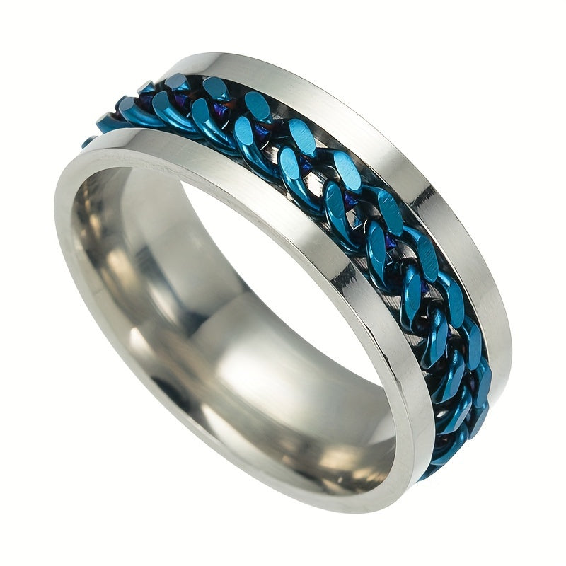 1pc Blue Men's Titanium 201 Stainless Steel Rotatable Ring - Vintage Style 201 Stainless Steel with Blue Accents, Ergonomic Comfort & Durable Design for Casual Attire