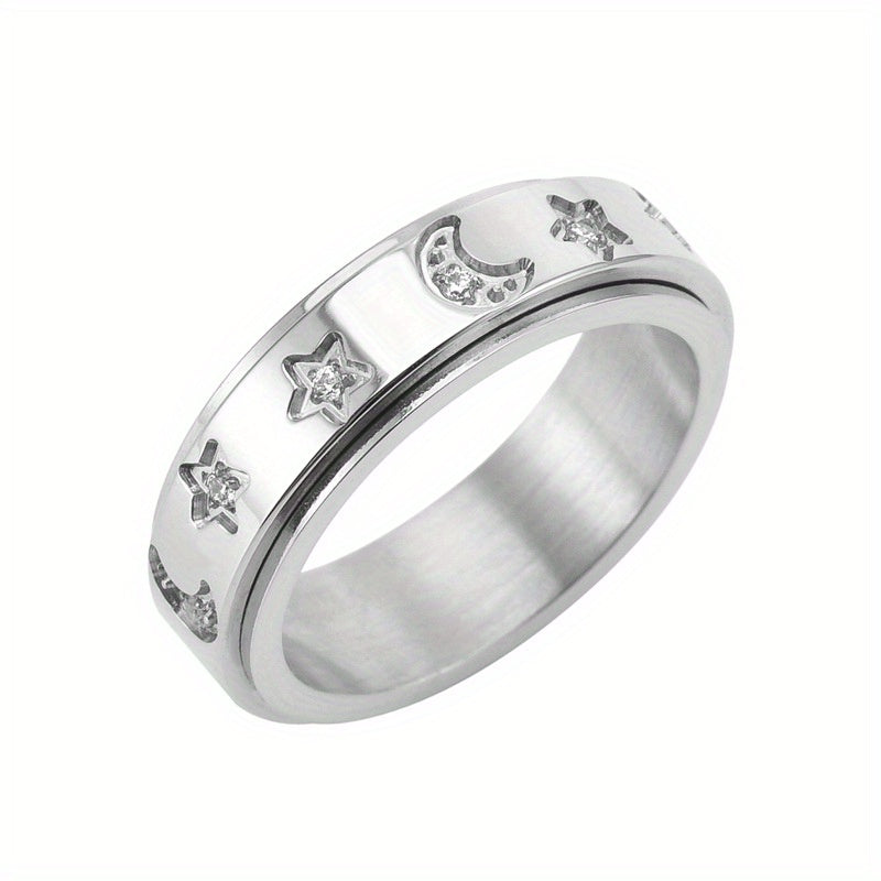 Women's Stainless Steel Rotatable Ring with -Accented Star & Moon Design - Korean Style Luxury Hip-Hop Jewelry, Interlocking Band for Casual Attire, Durable Tarnish-Resistant Metal Ring for Women, Unusual Rings for Women