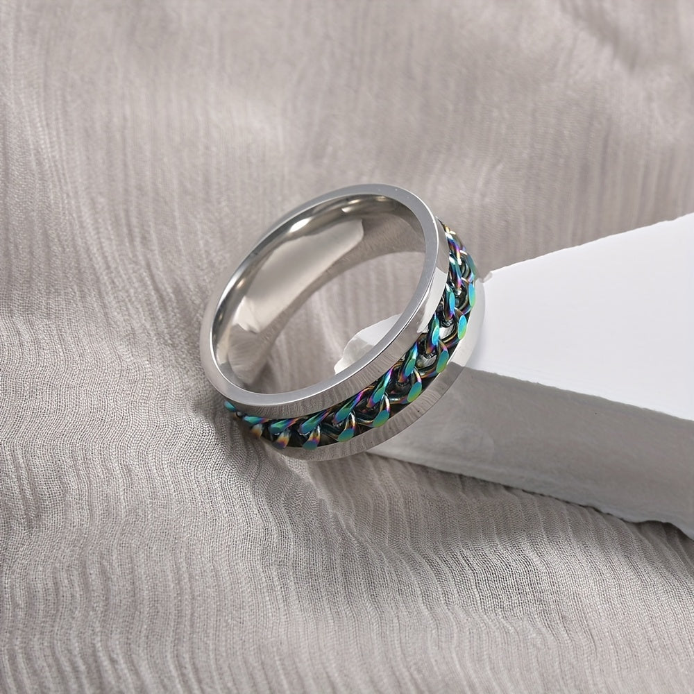 1pc Blue Men's Titanium 201 Stainless Steel Rotatable Ring - Vintage Style 201 Stainless Steel with Blue Accents, Ergonomic Comfort & Durable Design for Casual Attire