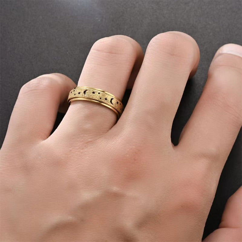 Golden Plated Stainless Steel Rotating Rings for Women - Hollow Star and Moon Designs, Durable Everyday Jewelry or Gift, Rotating Jewelry|Classic Rings|Durable Ring