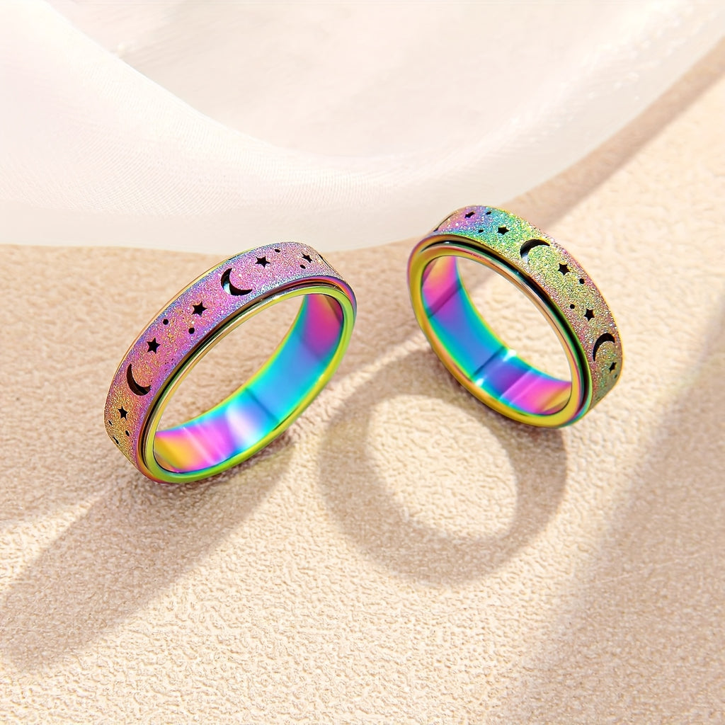 [Moon Star Spinner Ring] Stainless Steel Rotatable Moon Star Spinner Ring for Women & Men - Unique Design, Gift for Eid, Ramadan