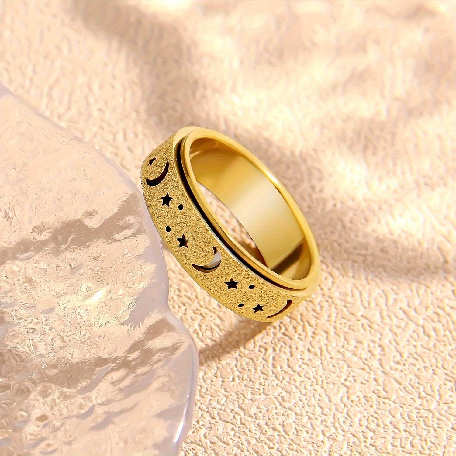 1pc Fashionable Stainless Steel Frosted Ring with Small Hollow Moon and Star Design, Men'S Unique Rotating Decompression Ring, Suitable for Daily Wear, Perfect Gift for Eid al-Fitr and Ramada