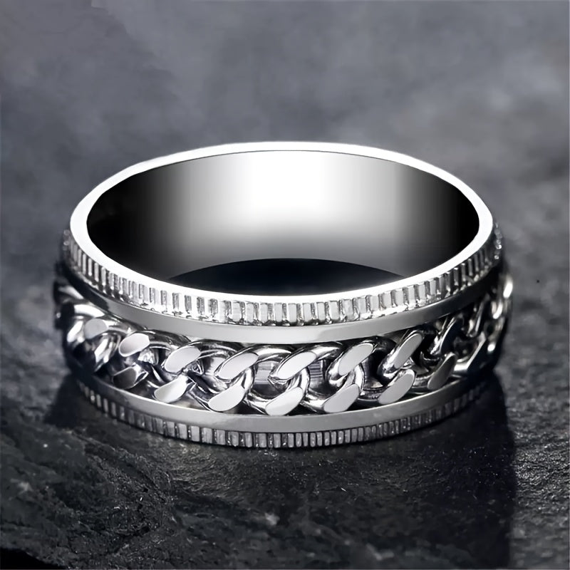 8mm Fashionable Chain Link Rotatable Ring with Beveled Edge and Embossed Stainless Steel, Hip Hop Ring for Men and Women, Eternal Promise Wedding Engagement Ring, Anniversary Christmas Gift Ring