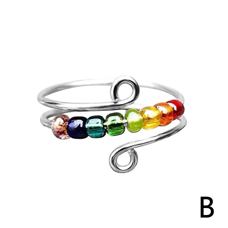 Elegant Boho Stainless Steel Anxiety Rings for Women - Anti-Stress Fidget Spinner Rings with Rainbow Beads, Rotates Freely, Adjustable Stacking Jewelry for Daily & Gift Occasions, Perfect for Christmas, Bohemian Style, Best for Christmas