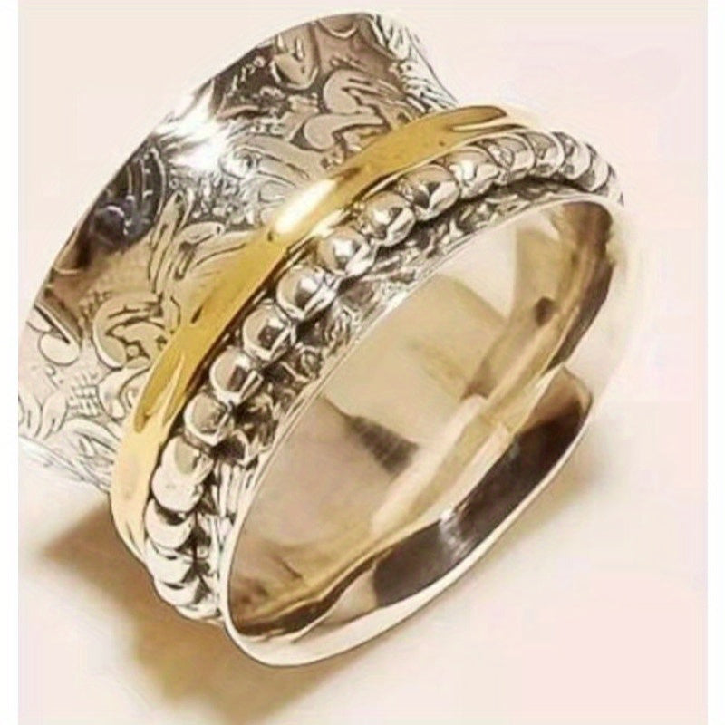 Vintage-Style Two-Tone Filigree Spinner Ring - Double-Sided Golden-Tone Design with Intricate Carvings, Rotating Feature for Independence Day Parties & Outdoor Events, Festive Accessory, Elegant Craftsmanship