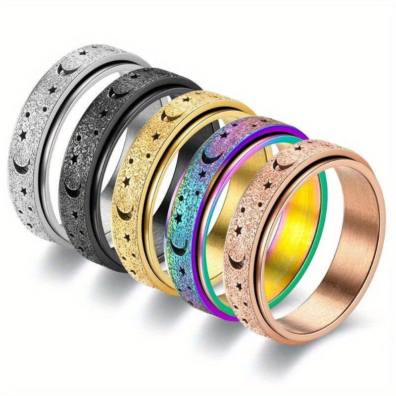 Golden Plated Stainless Steel Rotating Rings for Women - Hollow Star and Moon Designs, Durable Everyday Jewelry or Gift, Rotating Jewelry|Classic Rings|Durable Ring