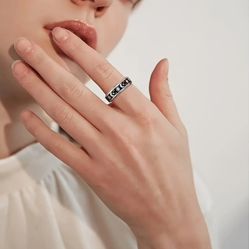[Vintage Ring] 1pc Stainless Steel Vintage Simple Rotatable Ring with Moon and Stars Design | Unisex Fashion Jewelry for Daily and Gift Occasions, Christmas Holiday Accessory, All Season Wear