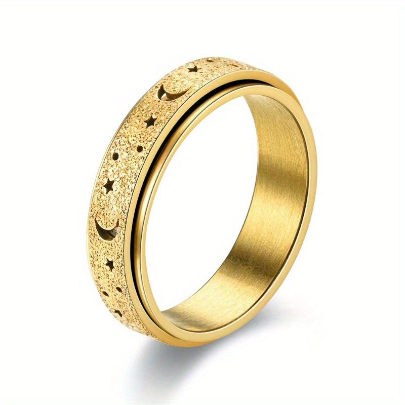 Golden Plated Stainless Steel Rotating Rings for Women - Hollow Star and Moon Designs, Durable Everyday Jewelry or Gift, Rotating Jewelry|Classic Rings|Durable Ring