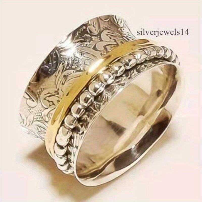 Two-Tone Golden Spinner Ring - Rotatable Carvings, Elegant & Retro Style, Durable Zinc Alloy with Moissanite Accents, Perfect for Independence Day Parties, Daily Wear & Vacation Accessories, Vacation Accessory, Vintageinspired Design, Intricate
